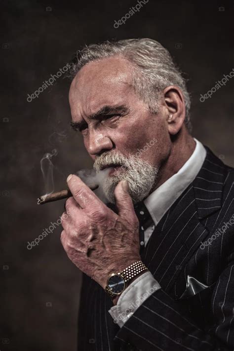 Cigar Smoking Characteristic Senior Business Man With Gray Hair — Stock