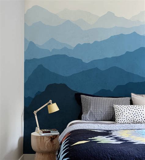 Mountain Mural Wallpaper Ocean Blue Ombre Mountain Extra Etsy