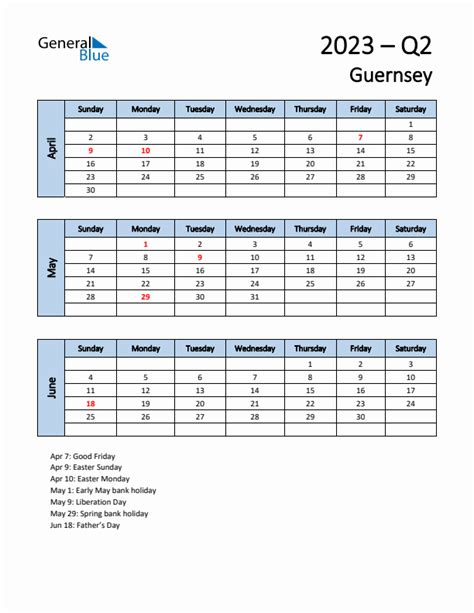 Q2 2023 Quarterly Calendar With Guernsey Holidays Pdf Excel Word