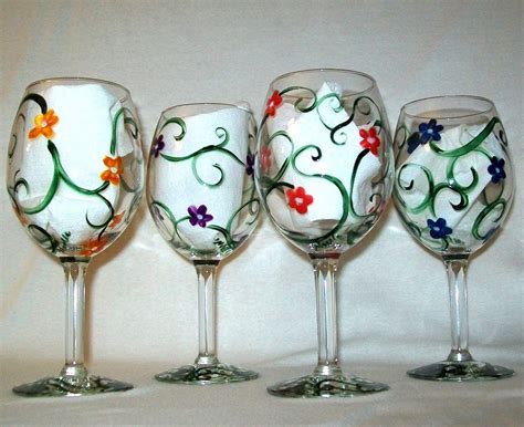 Floral Swirl Hand Painted Wine Glasses Set Of 4