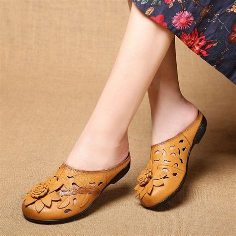 Gktinoo Genuine Leather Flat Shoes Women Sandals Slippers Closed Toe