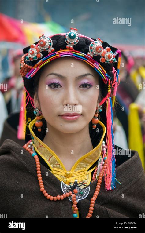 ethnic tibetan woman dancer at dance and folk festival danba sichuan province china stock