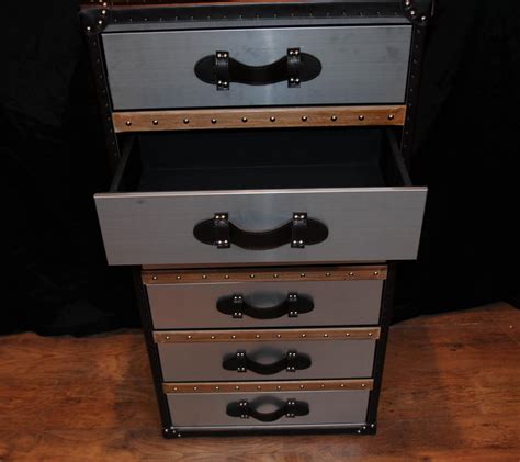 Industrial Leather Chrome Chest Drawers Tall Boy Luggage Furniture