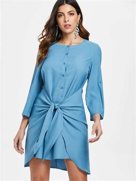 2019 New Long Sleeves Buttons Knotted Casual Women Dress Round Neck Solid Blue Vestidos Robe