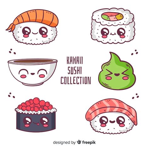 Pack Kawaii Sushi Dibujado A Mano Vector Gratis
