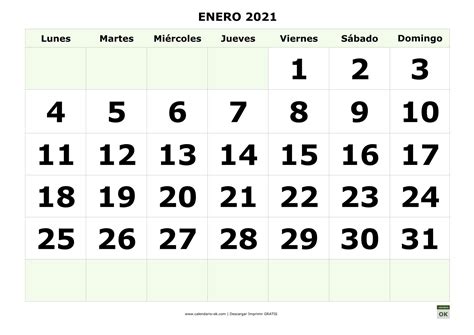 Plantilla Enero 2021 Con NÚmeros Grandes Calendario Julio Calendario
