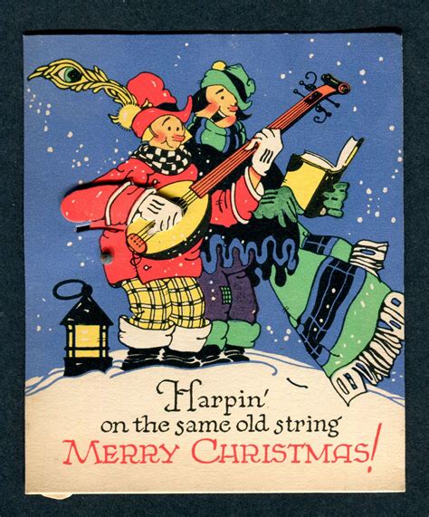 Vintage Mechanical Christmas Card Carolers Playing Mandolin Vintage