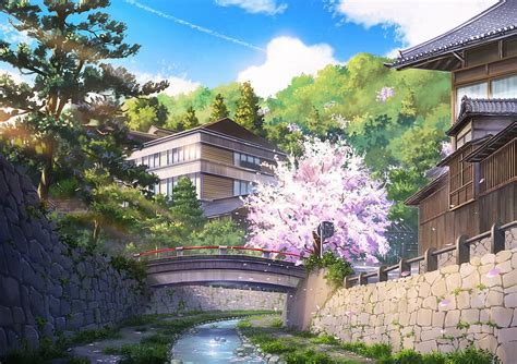 Cherry Blossom Anime Landscape Scenic Street Sky Anime Hd