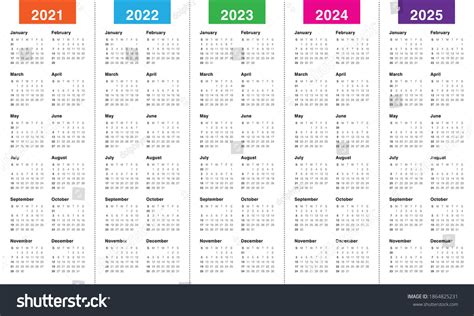 Year 2021 2022 2023 2024 2025 Calendar Vector Royalty Free Stock