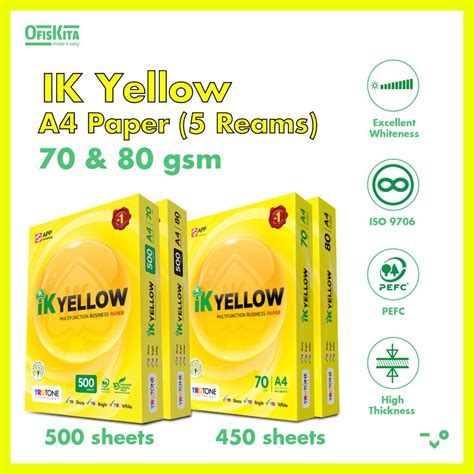Ik Yellow A4 Paper 70gsm450 Sheets 80gsm500 Sheets 5reams Maximum