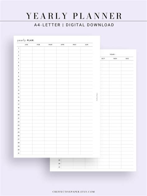 Yearly Planner Printable Year At A Glance 12 Month 31 Days Etsy A5
