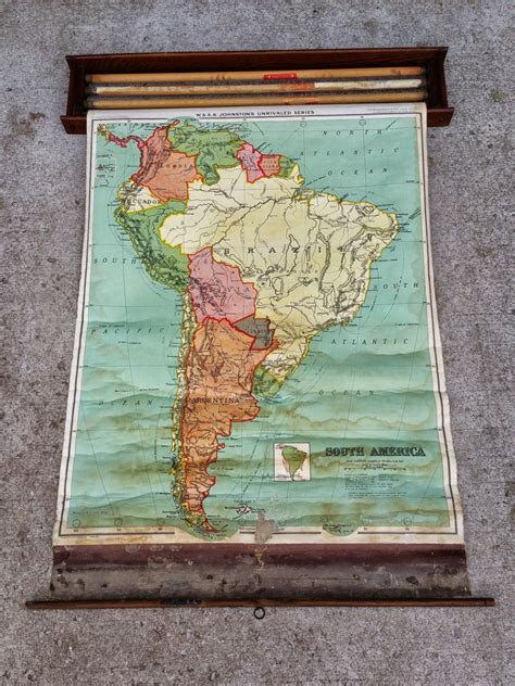 Vintage 1920s Classroom Pull Down Map And Roller Pull Down Map