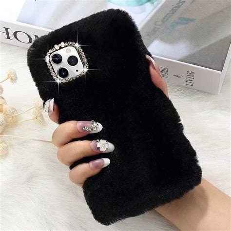 for iphone 11 pro max case cute girly faux fur case with chic bling crystal diamond