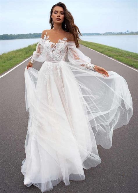 Boho A Line Puff Sleeve Wedding Dress Bohemian Long Sleeve Floral Bridal Gown Long Sleeve