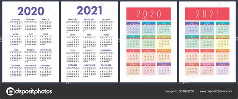 Calendario 2020 2021 Años Colorido Conjunto Vectores Semana Comienza