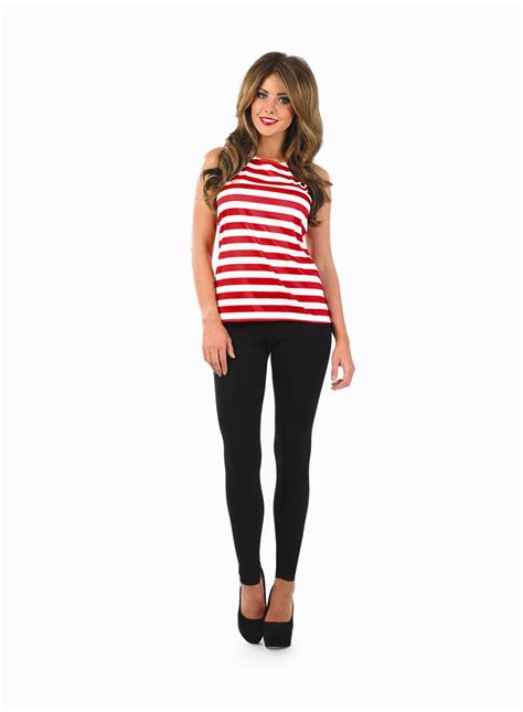 Ladies Redwhite Striped Vest Top Costume For Wally Fancy Dress Adults
