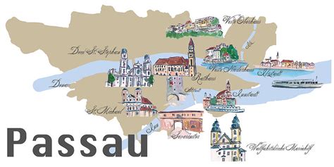 Passau Favorite Map With Touristic Top Ten Highlights Painting By M