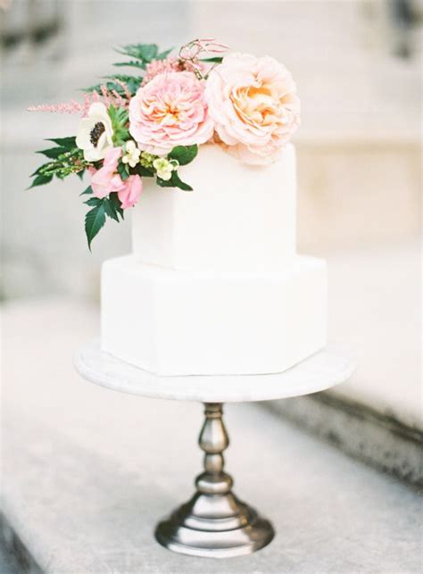 Geometric White Wedding Cake With Pastel Flowers Deer