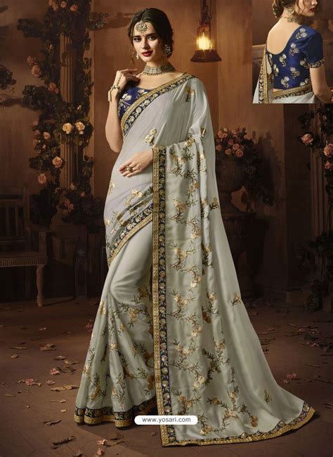 Buy Grey Cadbury Silk Heavy Embroidered Wedding Saree Wedding Sarees