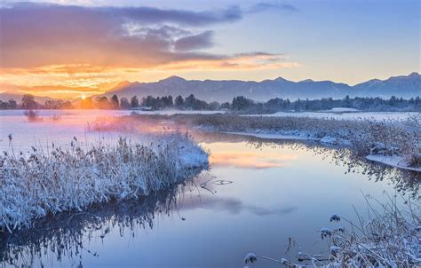 Wallpaper Winter Sunset Mountains River Germany