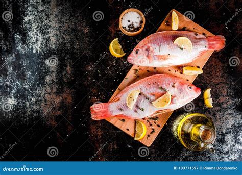 Fresh Raw Fish Pink Tilapia Stock Image Image Of Meat Pepper 103771597