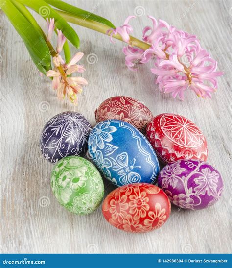 Colorful Easter Eggs And Pink Hyacinth Flowers Stock Photo Image Of
