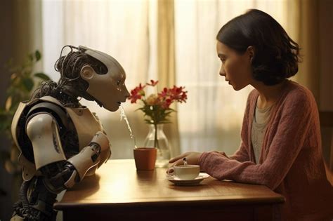 premium ai image a woman sits calmly at a table engaged in conversation with a robot