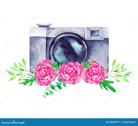 Watercolor Camera With Roses And Twigs Stock Image Image Of Packaging