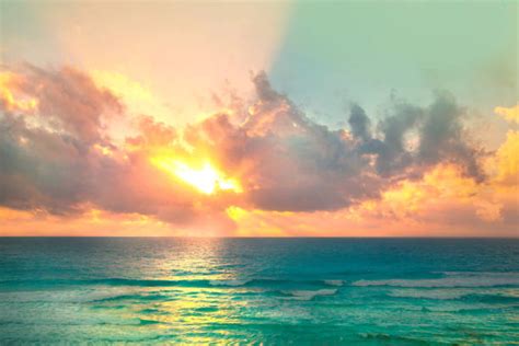 Beach Dramatic Sunset Landscape Panorama Cancun Caribbean Tropical