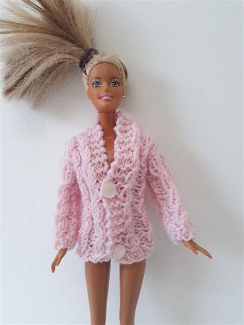 Pink Cabled Sweater For Barbie Ooak Hand Knitted V Neck Jacket For 12