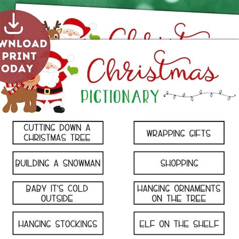Christmas Pictionary Cards Holiday Party Game Printable Etsy
