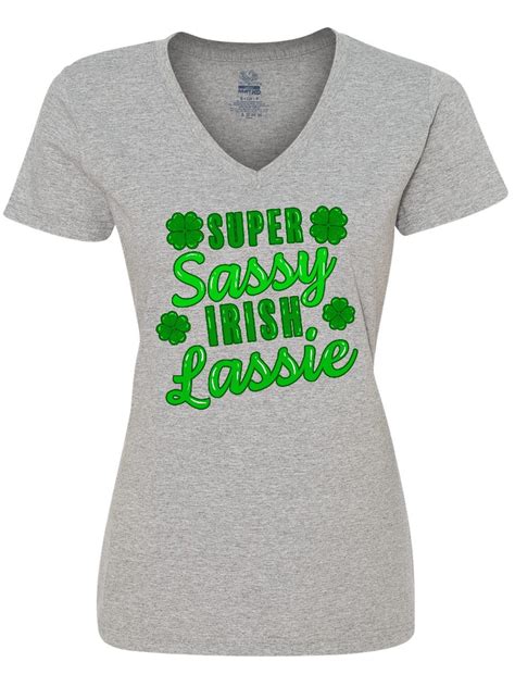 Inktastic Super Sassy Irish Lassy With Green 4 Leaf Clovers Women S V Neck T Shirt