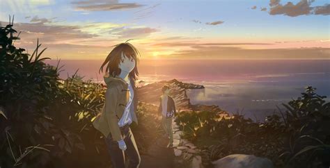 Download 1600x900 Anime Couple Romance Hiking Scenic Horizon Ocean