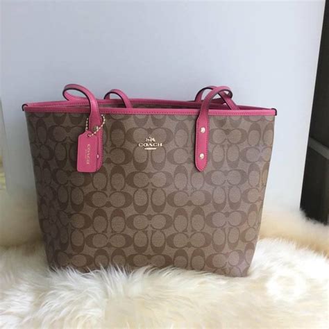 Coach F36876 Khaki Pink City Zip Tote In Signature Coated Canvas