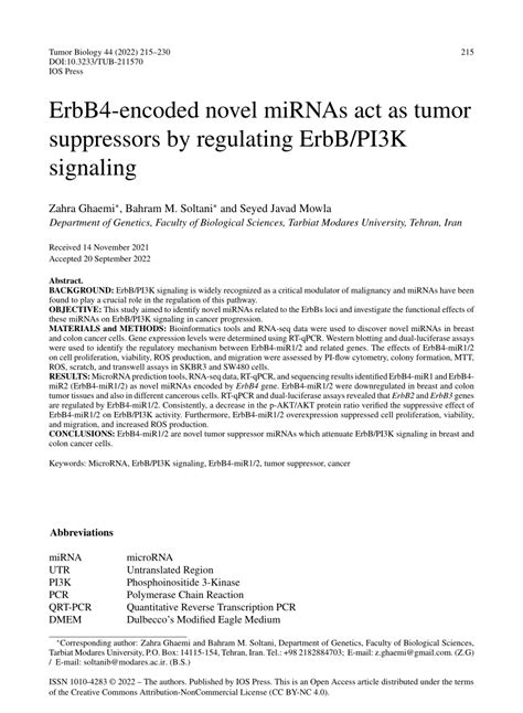 pdf erbb4 encoded novel mirnas act as tumor suppressors by regulating erbb pi3k signaling