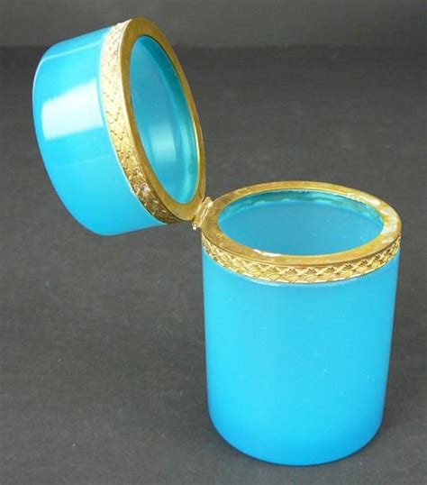 Vintage French Blue Opaline Opaque Art Glass Gold Gilt Metal Ormolu Box