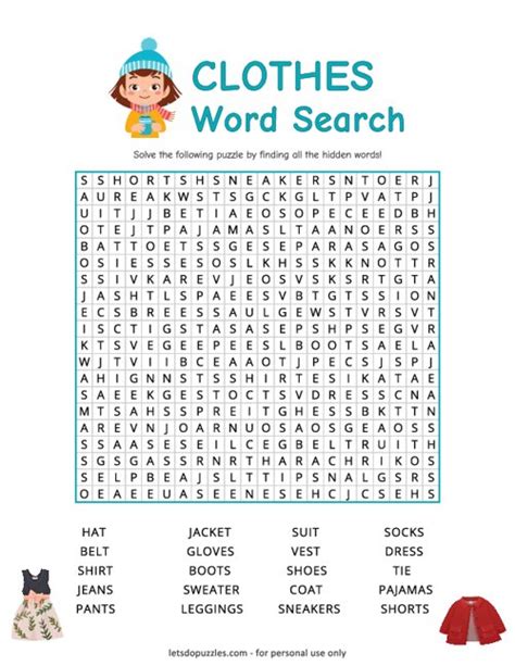 Free Clothes Word Search Puzzle Printable
