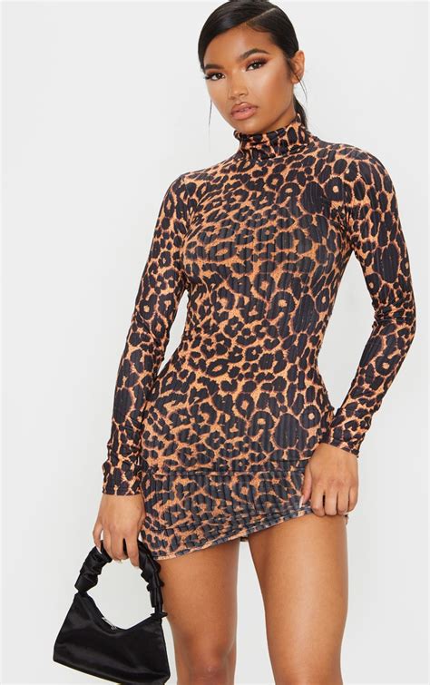 brown leopard print rib long sleeve bodycon dress prettylittlething
