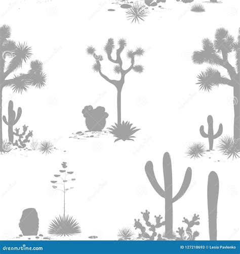 Desert Seamless Pattern With Silhouettes Of Joshua Trees Opuntia And