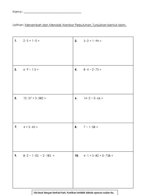 Bincang soalan latihan matematik uji diri muka surat 79 soalan 1 (a) hingga 1 (f) soalan yang melibatkan tolak pecahan, ada. Latihan Tambah dan Tolak Nombor Perpuluhan MT Thn 4