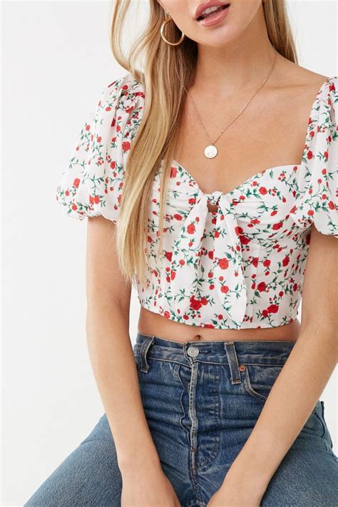 Floral Crop Top Blouse Outfit Poppy Flower