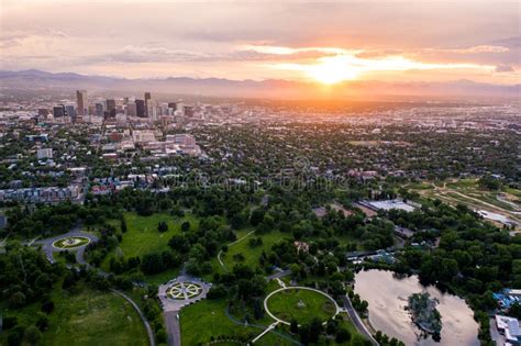 Aerial Drone Photo Skyline Of Denver Colorado At Sunset From City