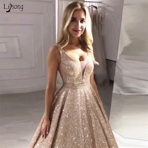 Gorgeous Rose Gold Sequined Prom Dresses 2019 Sparkle Sequin A Line