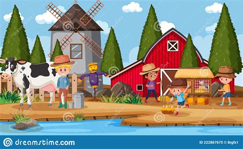 Bauernhof Szene Mit Vielen Kindern Cartoon Charakter Und Bauernhof