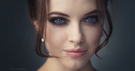 women brunette blue eyes smirk smoky eyes bare shoulders face portrait red nails wallpaper
