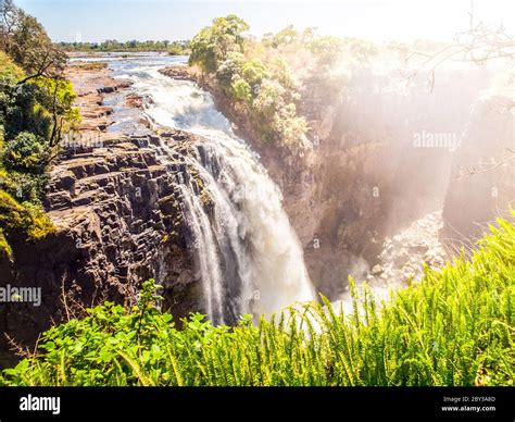 Victoria Falls On Zambezi River Dry Season Border Between Zimbabwe