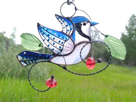 Blue Jay Stained Glass Bird On A Branch Bird T Window Etsy