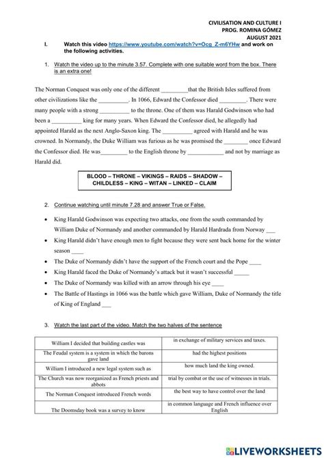 The Norman Conquest Interactive Worksheet Live Worksheets