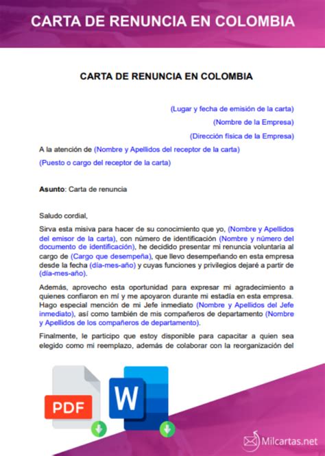 Carta De Renuncia En Colombia Para Descargar Word Gratis