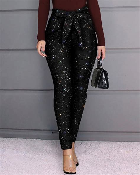 High Waist Glittering Belted Pants Dream Icon Designs